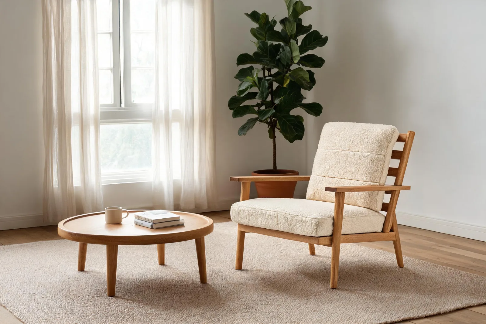 Seedream 5.0 Lite output: the oak lounge chair beside a round oak coffee table, fiddle-leaf fig and sheer curtains in a white Scandinavian living room