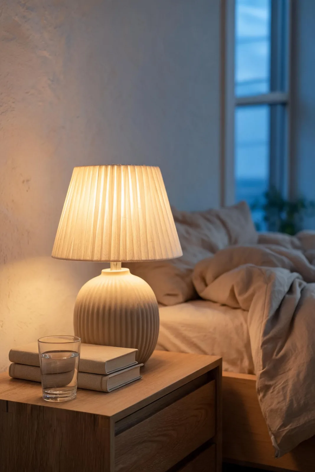 Seedream 5.0 Lite output: ribbed sand-colored ceramic table lamp with a pleated shade glowing on an oak bedside table at dusk