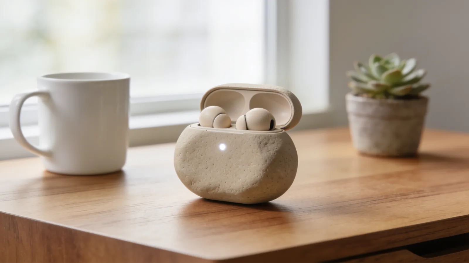 Start frame: pebble-shaped sand-beige earbuds case open on a walnut desk between a white mug and a potted succulent
