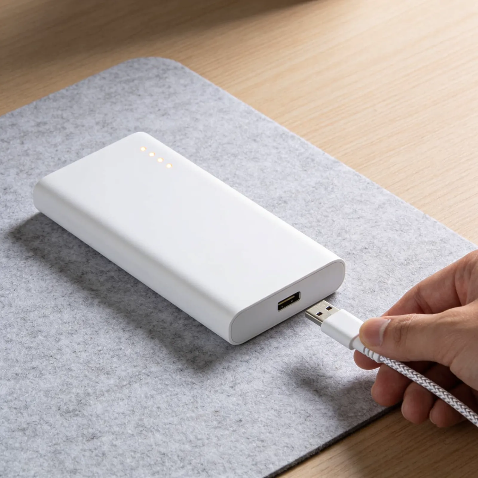 Start frame: slim white power bank on a grey felt mat, a hand about to plug in a braided white cable