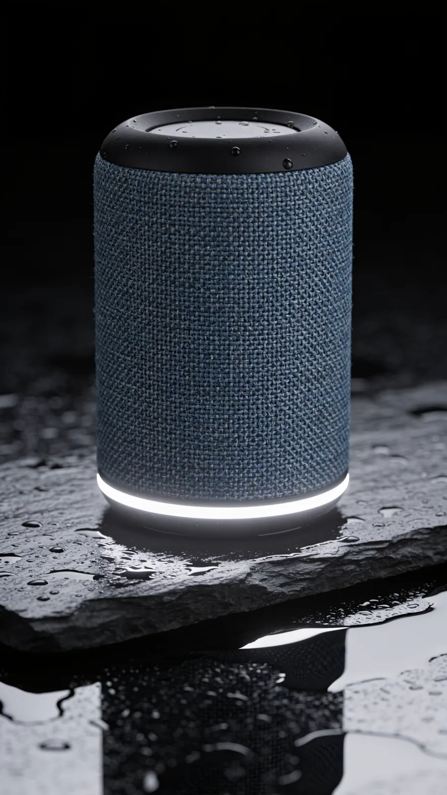 Start frame: slate blue fabric cylindrical speaker with a black rubber top and white light ring on wet black slate